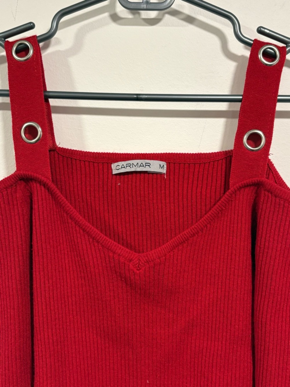 Carmar Red Ribbed Off-Shoulder Top with Grommet Straps